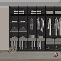 Modern Glass Door Wardrobe Interior With Hanging Clothes Folded Items And Storage For Bags Shoes