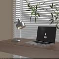 Modern Table Lamp on Desk with Laptop Green Plants And Window Blinds