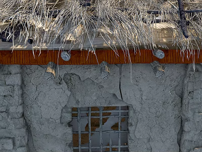 Rustic Casement Door In Traditional Cottage With Thatch Roof Stucco Walls And Iron Barred Window 3d model