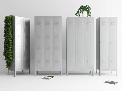 Modern Silver Metal Bookcases with Green Plants Potted Plant on Top and Books on Floor 3d model