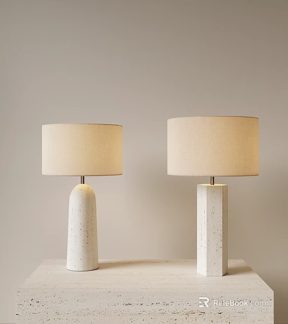 Two Modern Table Lamps With White Speckled Bases And Beige Lampshades On Light Table 3d model 