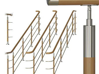 Staircase Railings With Wooden Handrail And Stainless Steel Posts Modern Design 3d model