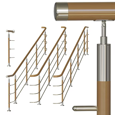 Staircase Railings With Wooden Handrail And Stainless Steel Posts Modern Design 3d model