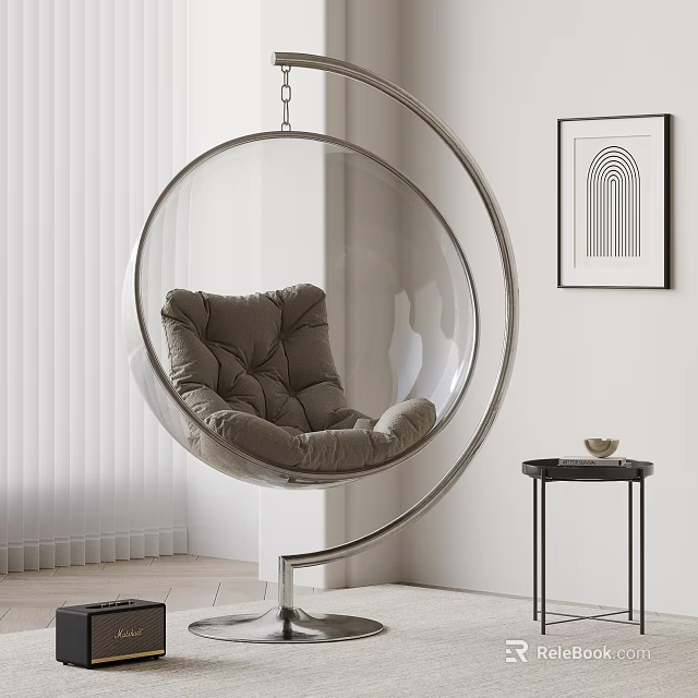 Modern Transparent Spherical Hanging Chair With Gray Cushion White Curtains And Side Table 3d model 