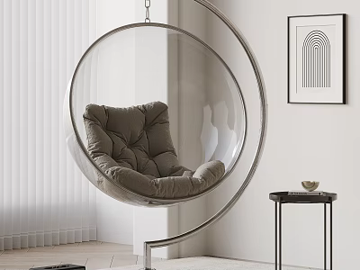Modern Transparent Spherical Hanging Chair With Gray Cushion White Curtains And Side Table 3d model