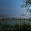 Scenic Waterfront Landscape With Reeds Distant Buildings And Wooden Structure Under Cloudy Sky
