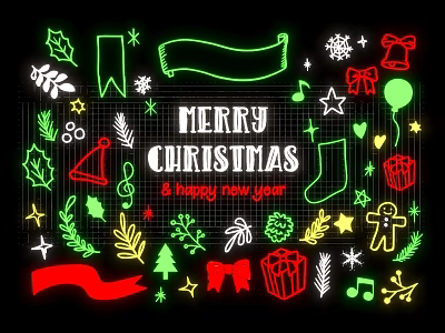 Christmas New Year Festive Neon Decorative Lights With Holly Stars Gift Boxes Socks 3d model