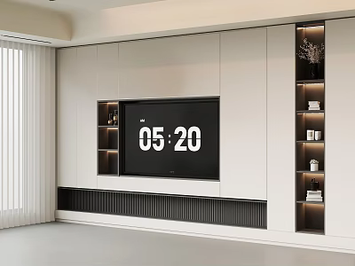 Modern TV Wall Interior Design With White Cabinets Lit Shelves And Black Grille Base 3d model