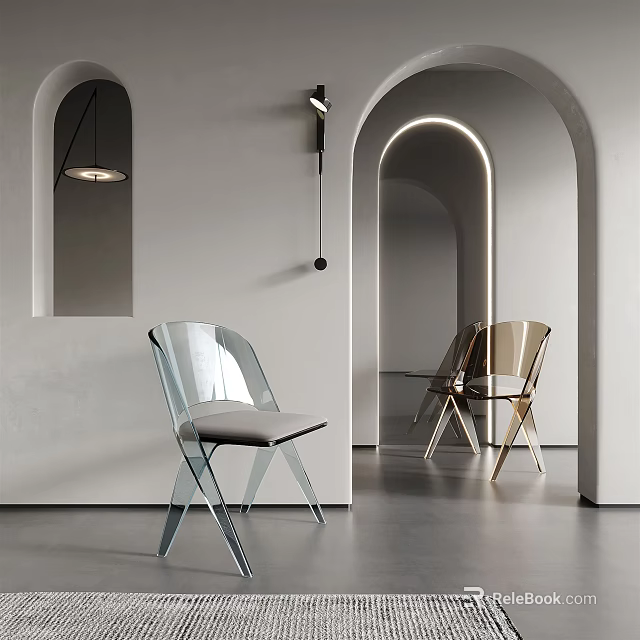 Modern Minimalist Single Chair in Silver and Gold Interior Space with Arched Doorways and Lighting 3d model 