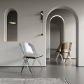 Modern Minimalist Single Chair in Silver and Gold Interior Space with Arched Doorways and Lighting
