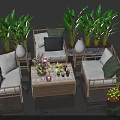 Comfortable Outdoor Sofa Set With Green Plants Coffee Table And Soft Cushions 3d model