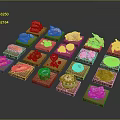 Assorted Food Items on Wooden Trays Including Hamburgers Fried Chicken Salads and Desserts