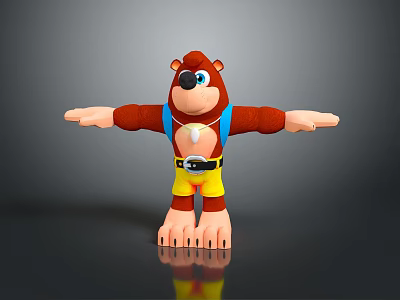 3D Rendered Game Character Brown Bear With Blue Suspenders Yellow Shorts White Badge Arms Outstretched 3d model