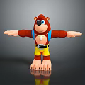 3D Rendered Game Character Brown Bear With Blue Suspenders Yellow Shorts White Badge Arms Outstretched