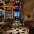 Modern Restaurant Interior With Wine Racks Chandeliers Dining Tables And Warm Lighting