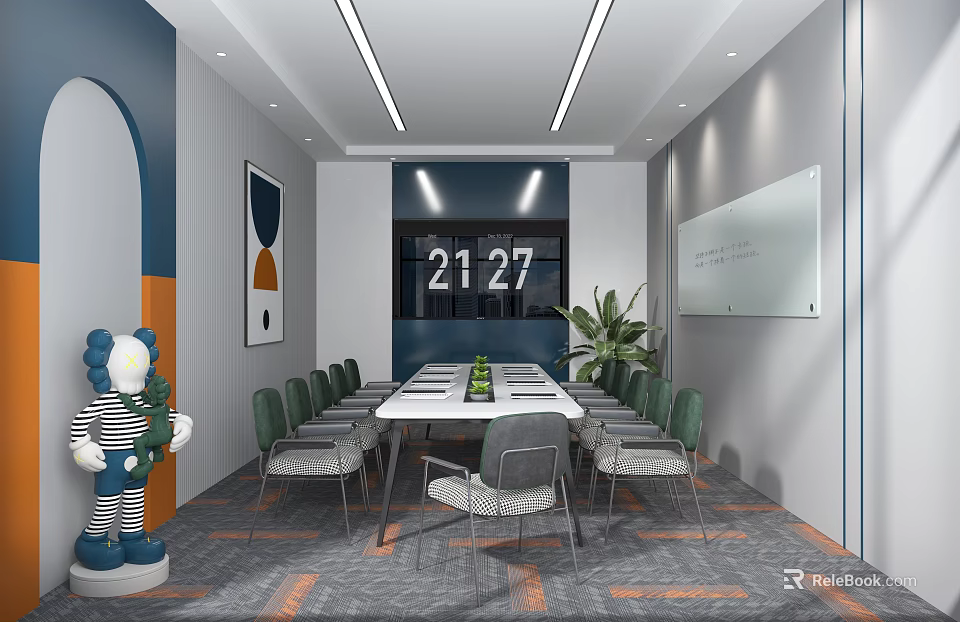Modern Conference Room Interior With Long Table Green Chairs Clock Whiteboard And Potted Plant 3d model 