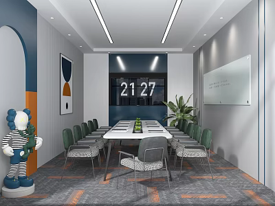Modern Conference Room Interior With Long Table Green Chairs Clock Whiteboard And Potted Plant 3d model