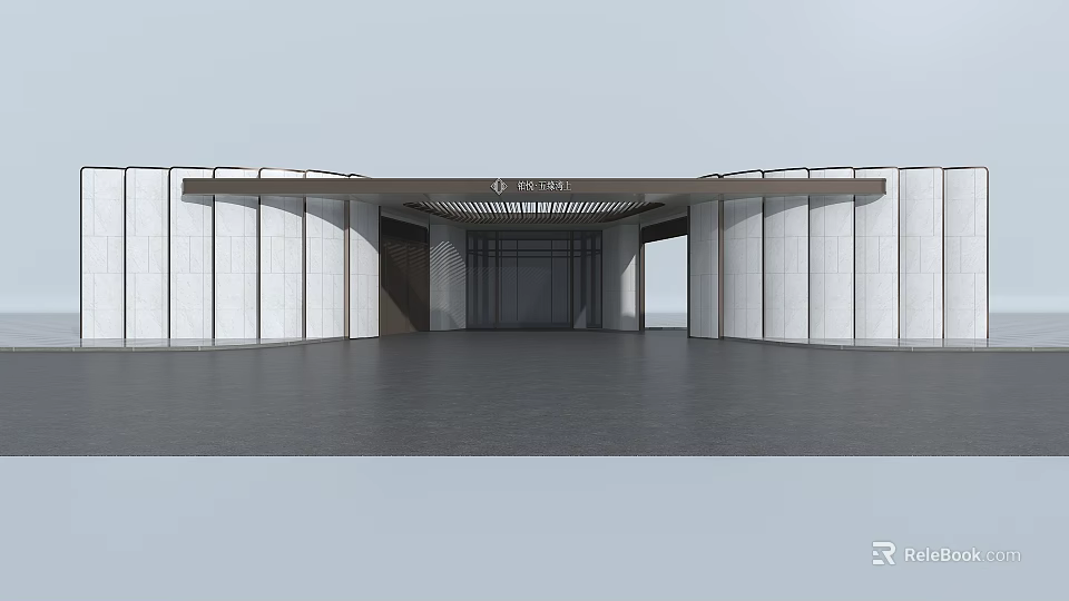 Modern Entrance Gate Design With White Walls Glass Doors Dark Flooring And Sleek Canopy 3d model 