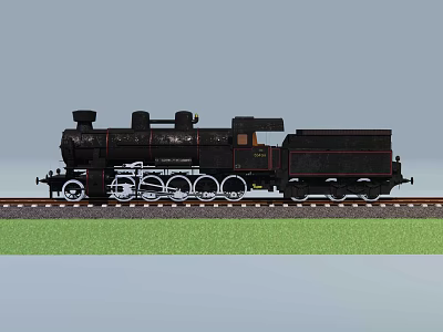 Black Steam Train Model on Railway Track with Green Grass and Gray Sky 3d model