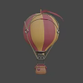 Colorful Red And Yellow Striped Hot Air Balloon With Wicker Basket