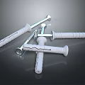 White Plastic Expansion Screws With Different Lengths Shapes On Dark Reflective Background 3d model