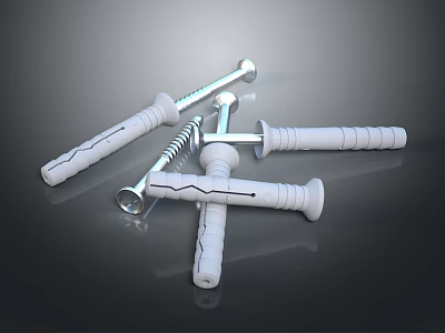 White Plastic Expansion Screws With Different Lengths Shapes On Dark Reflective Background 3d model