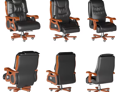 Black Leather Office Chair With Wooden Armrests And Swivel Wheels Multiple Views 3d model