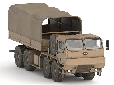 Tan Colored Military Truck With Canvas Covered Cargo Bed And Six Wheels Front Cab Design 3d model