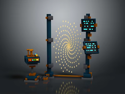 Futuristic Tech Structure With Tall Towers Blue Displays Yellow Spiral Lights And Control Panel 3d model