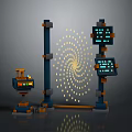Futuristic Tech Structure With Tall Towers Blue Displays Yellow Spiral Lights And Control Panel