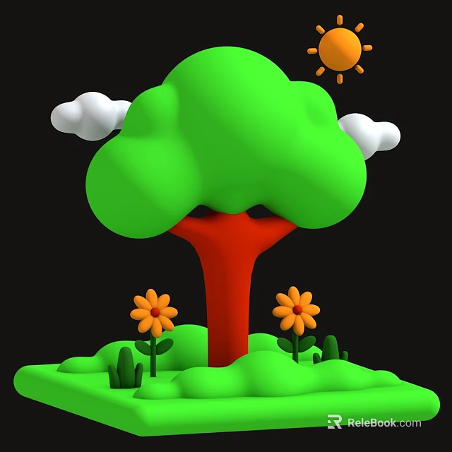 Green Tree with Red Trunk and Yellow Flowers on Green Grass Under Sun and Clouds 3d model 