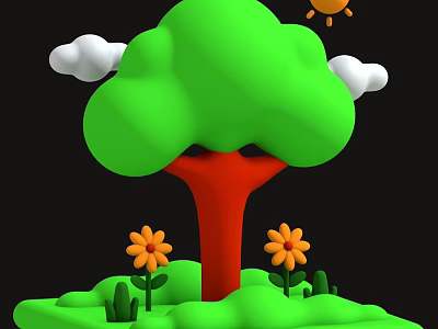 Green Tree with Red Trunk and Yellow Flowers on Green Grass Under Sun and Clouds 3d model