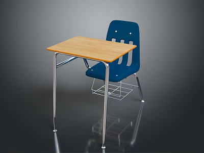 Wooden Top Student Desk With Blue Chair And Metal Frame Book Basket 3d model