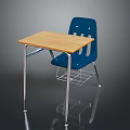 Wooden Top Student Desk With Blue Chair And Metal Frame Book Basket