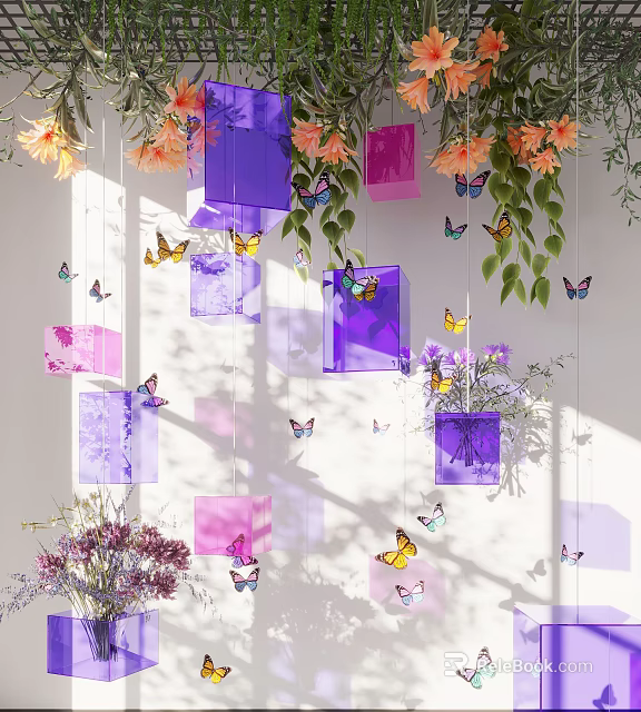 Colorful Hanging Decor with Purple Pink Squares Butterflies Flowers and Light Shadows 3d model 