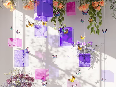 Colorful Hanging Decor with Purple Pink Squares Butterflies Flowers and Light Shadows 3d model