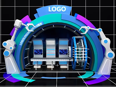Futuristic Arch Shaped Event Portal With Robotic Arms And Screens 3d model