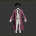 Elegant Historical Costume With Pink Coat White Pants Gold Buttons And Black Hat