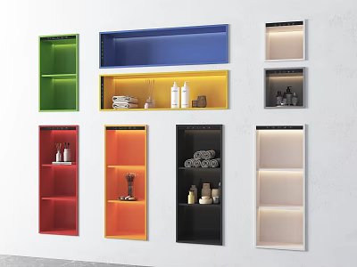 Colorful Wall Mounted Storage Shelves with Various Designs and Decorative Items 3d model