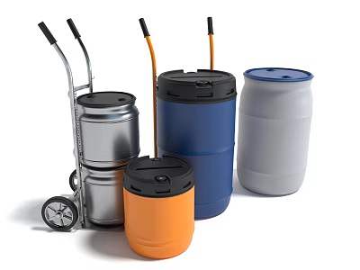 Industrial Equipment With Hand Truck And Various Sized Colored Barrels 3d model
