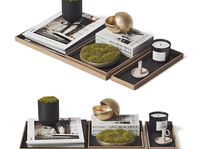Modern Decorative Ornament Set With Tray Books Moss Candle And Golden Ornament 3d model
