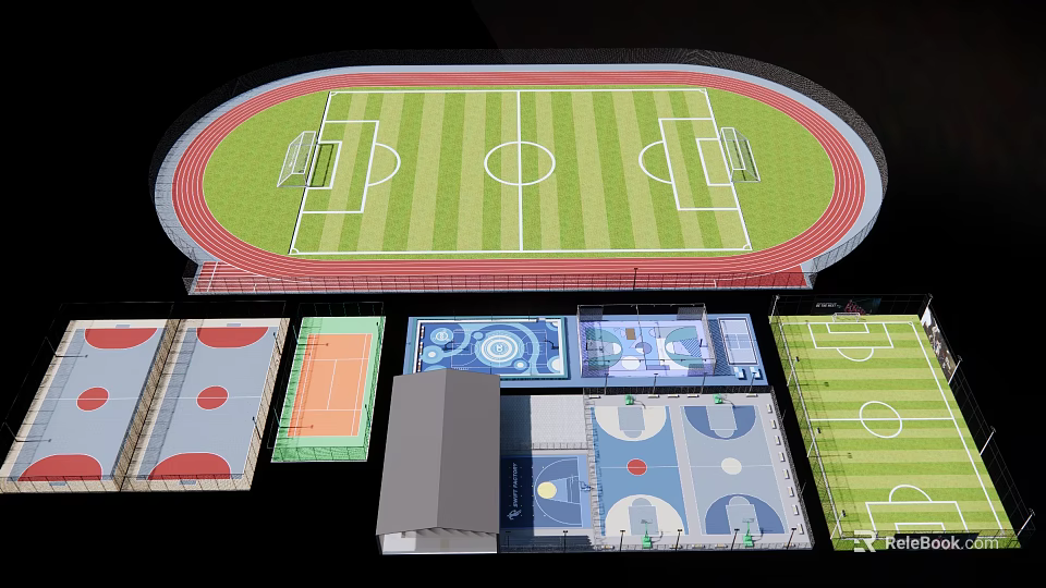 3D Model Design of Multi Sports Facilities Including Track Field Football Court and Basketball Court 3d model 