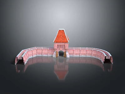 Scenic View Of Curved Red Walls With Red Roof Building And Water Reflection 3d model