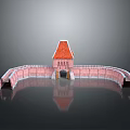 Scenic View Of Curved Red Walls With Red Roof Building And Water Reflection