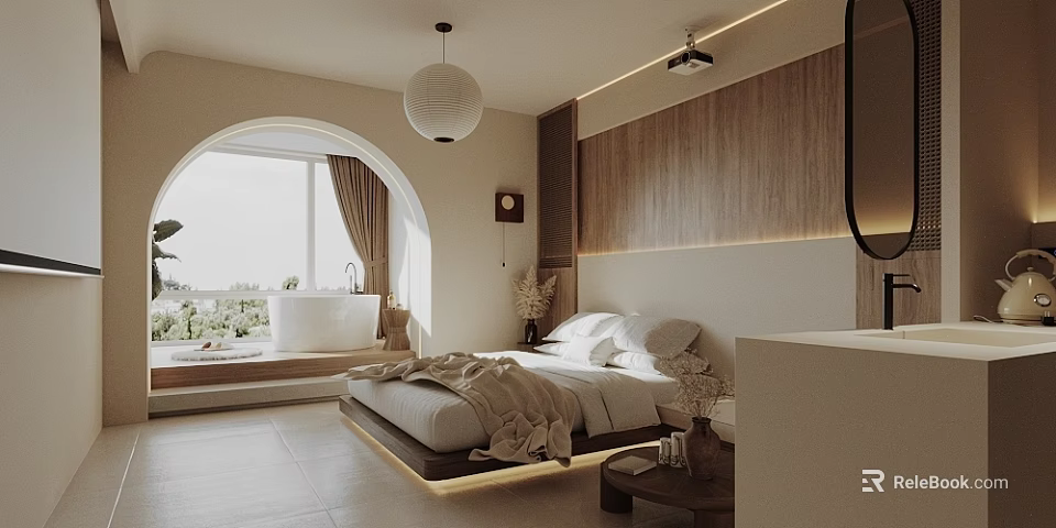 Cozy Bedroom Interior With Wooden Panel Wall Arched Window Bathtub And Pendant Light 3d model 