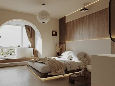 Cozy Bedroom Interior With Wooden Panel Wall Arched Window Bathtub And Pendant Light 3d model