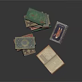 Ornate Stacked Books With Open Pages And Vintage Colorful Covers