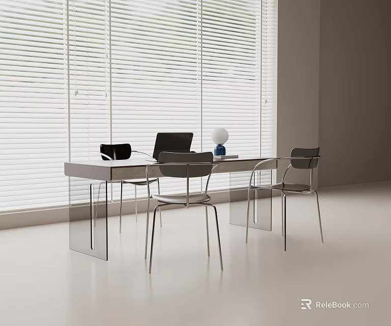 Modern Desk Setup With Laptop Table Lamp And Three Chairs By Window Blinds 3d model 