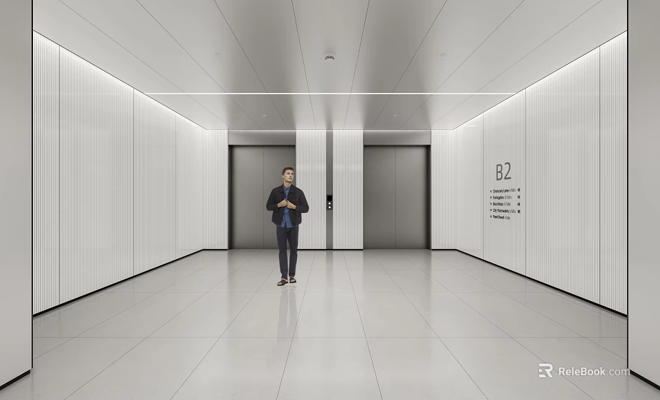 Elevator Lobby Featuring White Walls Lighting Strips Tiled Floor Elevator Doors Person And B2 Sign 3d model 