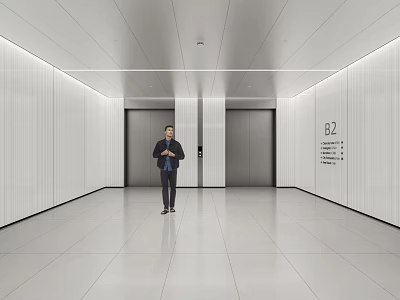 Elevator Lobby Featuring White Walls Lighting Strips Tiled Floor Elevator Doors Person And B2 Sign 3d model